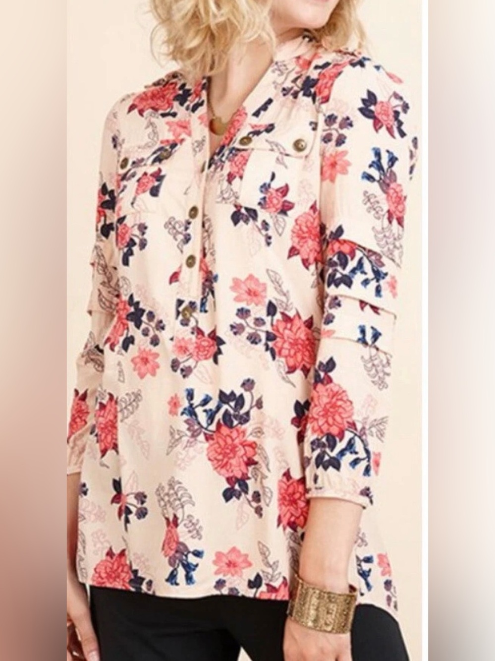 Matilda Jane Livery Millie Womens Medium Pink Floral Henley RufflePopover Blouse